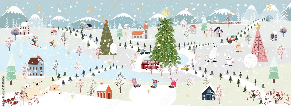 Panorama Winter landscape, Christmas and new year celebrated in the city,Vector of horizontal winter wonderland in the town with happy kids and polar bear sledding and couple with skiing in the park