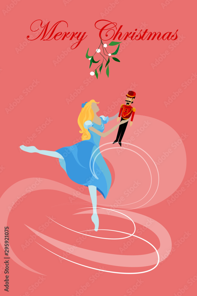 christmas card, ballet nutcracker, ballet dancer holding in her hands toy nutcracker uder mistletoe christmas card, ballet nutcracker, ballet dancer holding in her hands toy nutcracker uder mistletoe