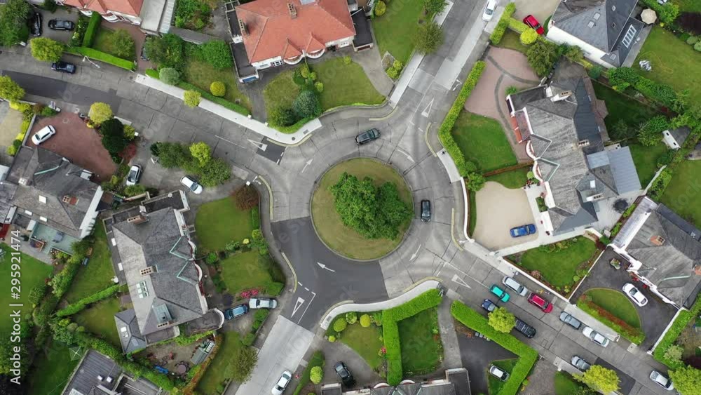 Drone Aerial View of traffic Roundabout in Terenure, Dublin, Ireland Drone Aerial View of traffic Roundabout in Terenure, Dublin, Ireland