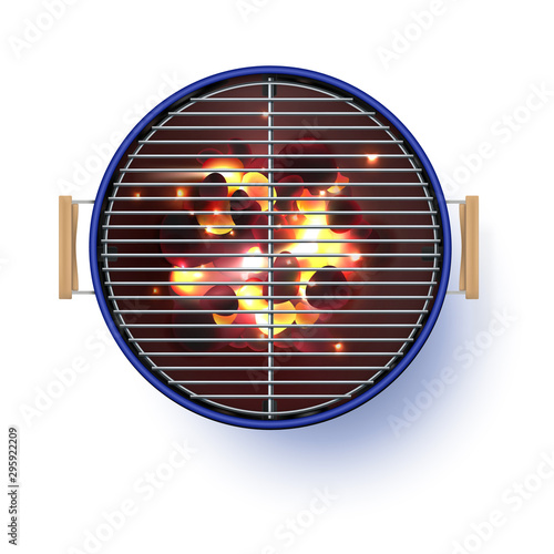 Round blue open barbecue grill. Top view. Realistic vector illustration. Burning coals.