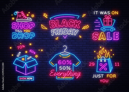 Big set Black Friday Neon Signs. Black Friday Vector illustration discount sale concept in neon style, online shopping and marketing concept. Luminous signboard, bright banner, Light advertisement