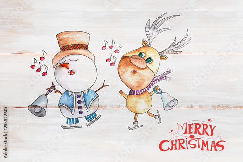 Obraz na płótnie Christmas card depicting a reindeer and a snowman with bells on a wooden rustic background w salonie