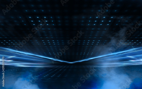 Empty dark scene. Abstract blue background with rays and lines. Blue neon light spotlights. Abstract light, background. Reflection of light in the dark.