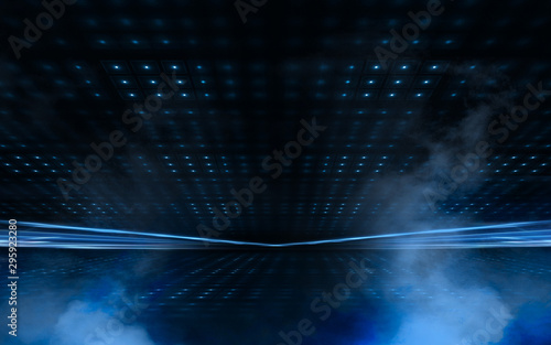 Empty dark scene. Abstract blue background with rays and lines. Blue neon light spotlights. Abstract light, background. Reflection of light in the dark. © MiaStendal