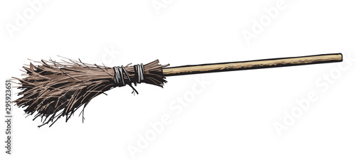 Old broomstick. Halloween which magic broom. Hand drawn sketch style vector illustration.