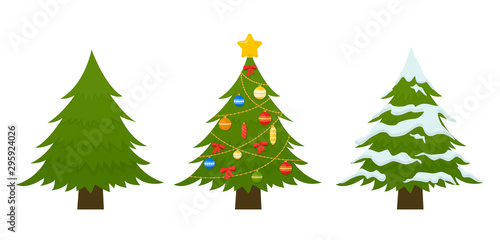 Set of Christmas tree decorated with colorful balls, garland lights. New Years and xmas traditional symbol tree in snow and clean. Vector illustration isolateed on white background.