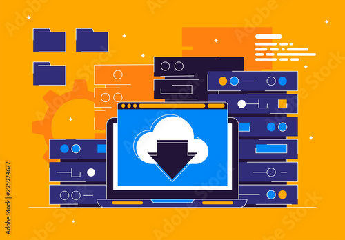 vector illustration of a data center with a database, a server for storing information, a laptop with files