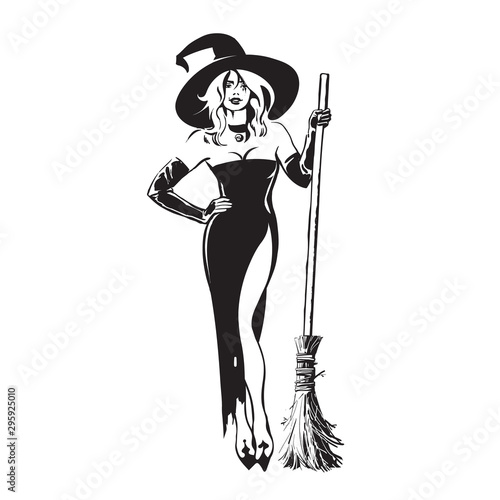 Halloween beautiful sexy witch holding broomstick in sketch style. Pretty young woman in witches hat and black dress with magic broom. Hand drawn vector illustration.