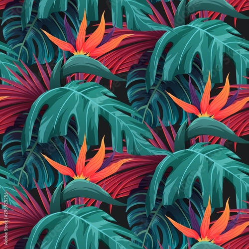 Fototapeta Bright tropical seamless pattern with jungle plants
