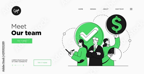 Presentation slide template or landing page website design. Business concept illustrations. Modern flat outline style. Teamwork concept