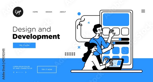 Designing Developing and programming technologies concept. Web page template with modern outline vector illustration.