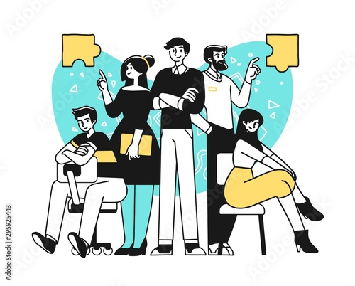Portrait of creative confident business team standing together. Succesfull Team concept illustration. Modern outline style