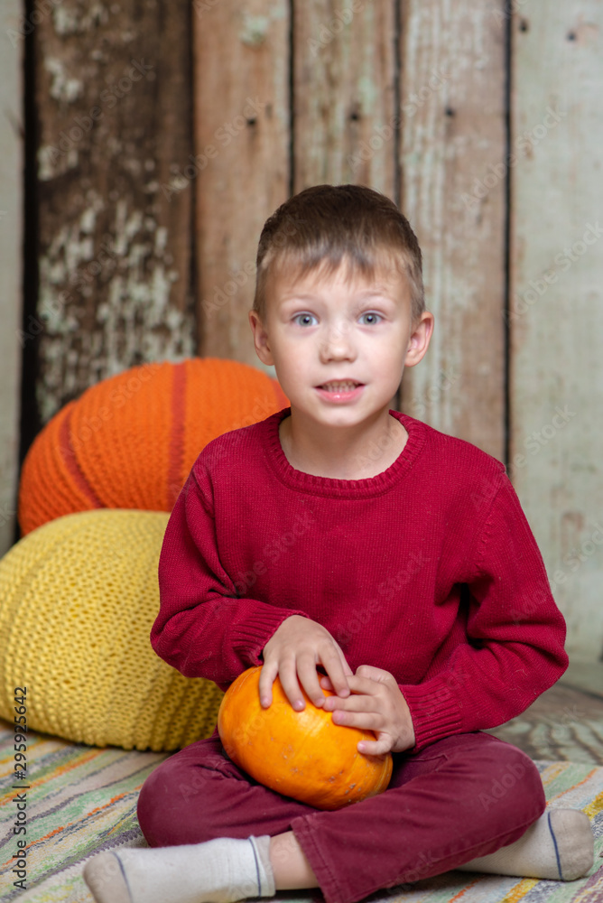 Fototapeta premium a boy in a red sweater with a orange pumpkin
