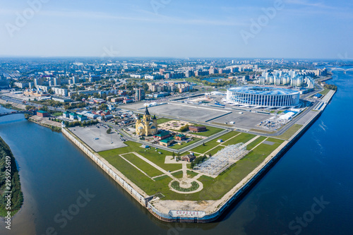 Aerial View of Alexander Nevsky Cathedral and a sports stadium in Nizhny Novgorod, vintage warehouses 