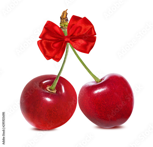 Cherry with bow isolated on white background.