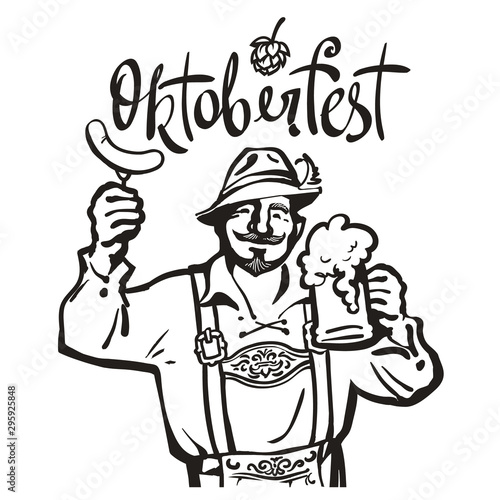 Oktoberfest lettering above heerful Bavarian man with beer mug and sausage. October fest beer emblem. Hand drawn vintage vector illustration.