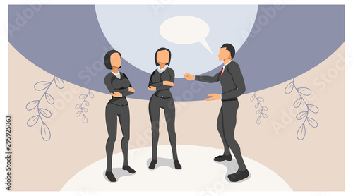 illustration stands a man in dialogue with two women. three people are arguing. speech buble visual communication template. the concept of three people discuss ideas.
