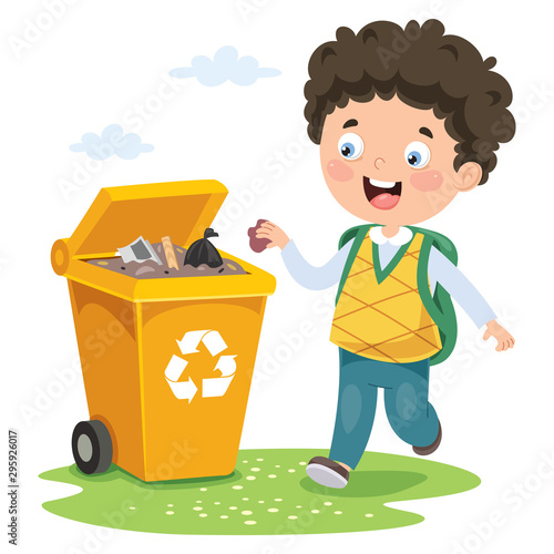 Kid Throwing Garbage In Trash Bin