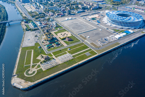 Aerial View of Alexander Nevsky Cathedral and a sports stadium in Nizhny Novgorod, vintage warehouses 