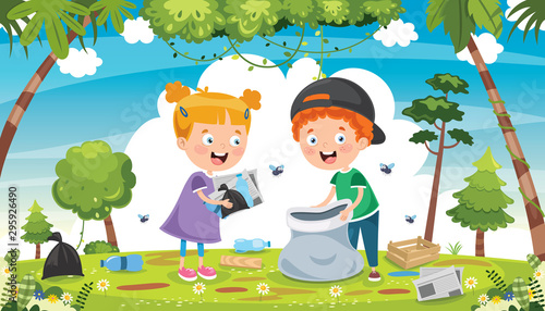 Little Children Cleaning And Recycling Garbage