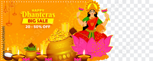 illustration of Goddess Lakshmi on Dhanteras & Diwali background for light festival of India with text on sale big sale 50% off.