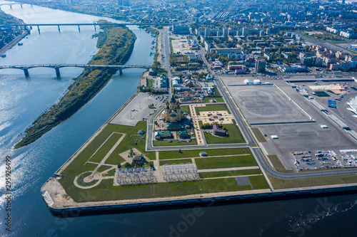 Aerial View of Alexander Nevsky Cathedral and a sports stadium in Nizhny Novgorod, vintage warehouses 