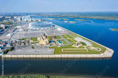Aerial View of Alexander Nevsky Cathedral and a sports stadium in Nizhny Novgorod, vintage warehouses 