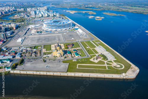 Aerial View of Alexander Nevsky Cathedral and a sports stadium in Nizhny Novgorod, vintage warehouses 
