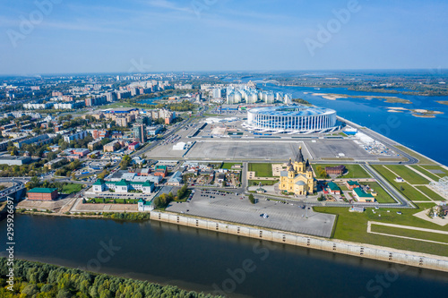 Aerial View of Alexander Nevsky Cathedral and a sports stadium in Nizhny Novgorod, vintage warehouses 