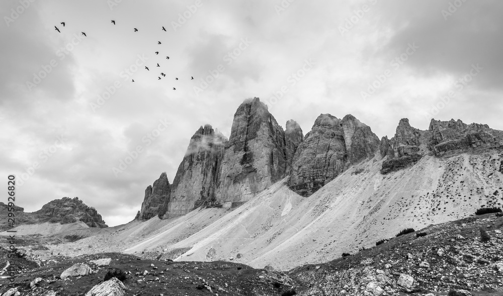 Tre Cime (Three Peaks) di Lavaredo (Drei Zinnen) , are three of the most famous peaks of the Dolomites, in the Sesto Dolomites, Italy, Europe Tre Cime (Three Peaks) di Lavaredo (Drei Zinnen) , are three of the most famous peaks of the Dolomites, in the Sesto Dolomites, Italy, Europe