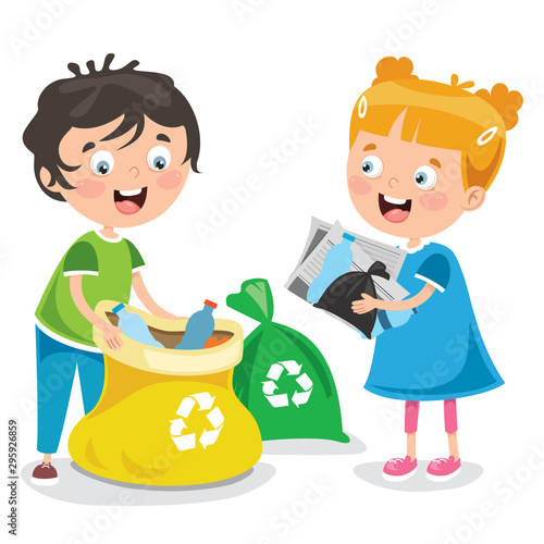 Little Children Cleaning And Recycling Garbage