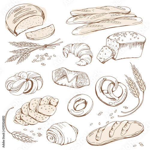 Set of different bread, outline baguette, loaf, bread, sweet rolls, wheat for the menu, bakery, cafe.
