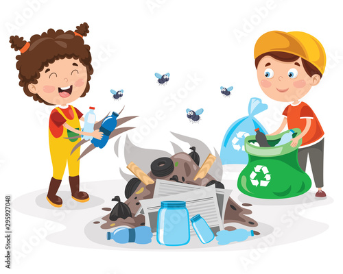 Little Children Cleaning And Recycling Garbage