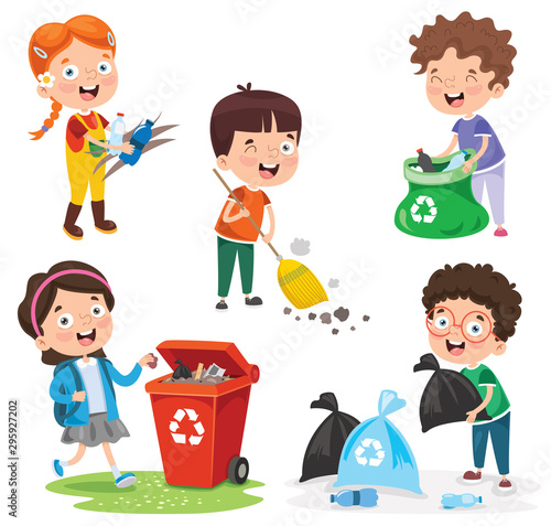 Little Children Cleaning And Recycling Garbage