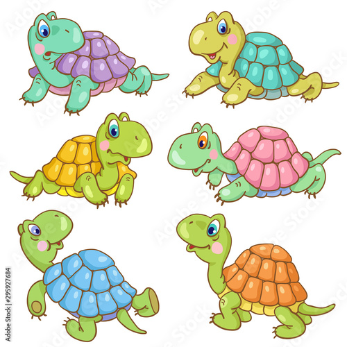 Set of six funny little turtles in cartoon style, isolated on white background. Vector illustration.