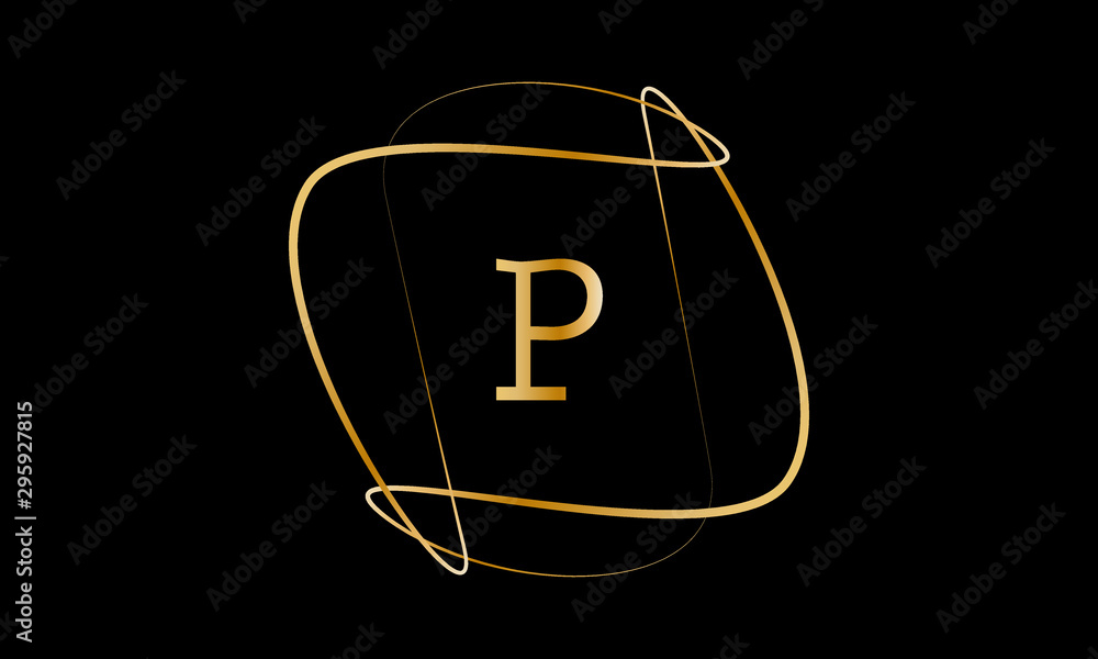 Typographical logo with a large letter P. The emblem with decorative vortices in metallic color is isolated on a black background. Vector illustration. Typographical logo with a large letter P. The emblem with decorative vortices in metallic color is isolated on a black background. Vector illustration.