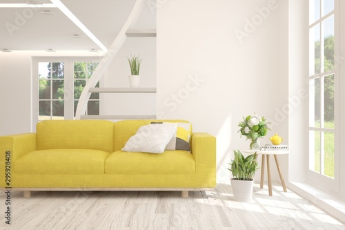 Stylish room in white color with sofa. Scandinavian interior design. 3D illustration