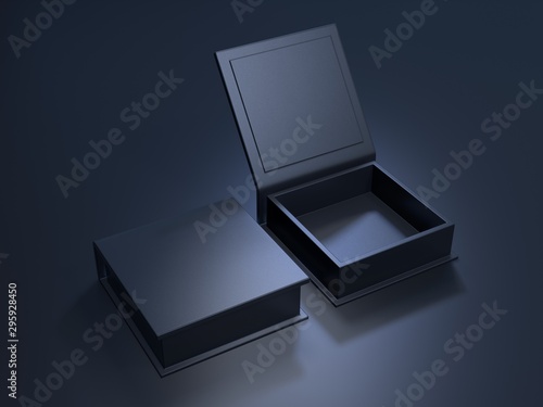 Black blank cardboard box on a dark background. Mock up template. 3d rendering