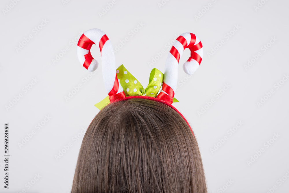Naklejka premium Cropped close up photo of cute style modern fashionable stylish trendy look like candies horns on head isolated grey background
