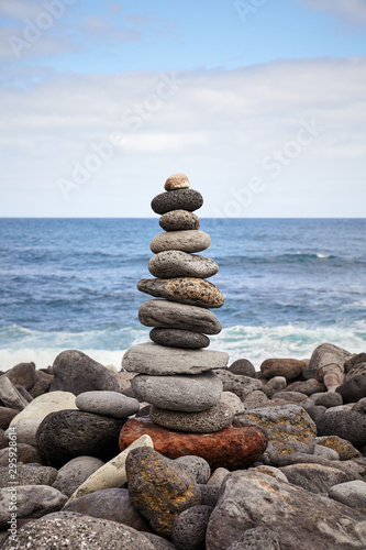 Stone stack on a beach, balance and harmony concept.