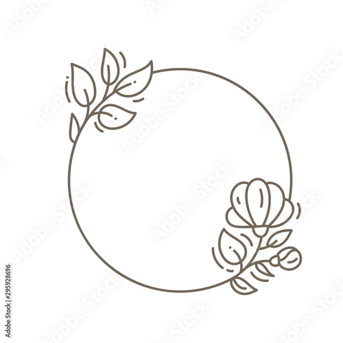 Vector vintage frame in trendy linear frame for florist shops and organic cosmetics, monogram design template with copy space for text with leaves and flowers and circle background