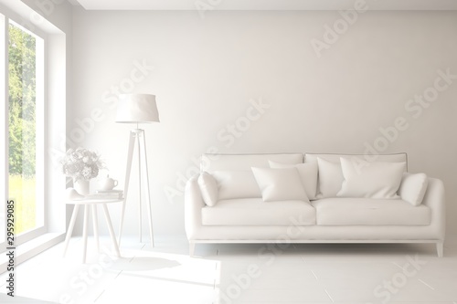 Mock up of stylish room in white color with sofa. Scandinavian interior design. 3D illustration