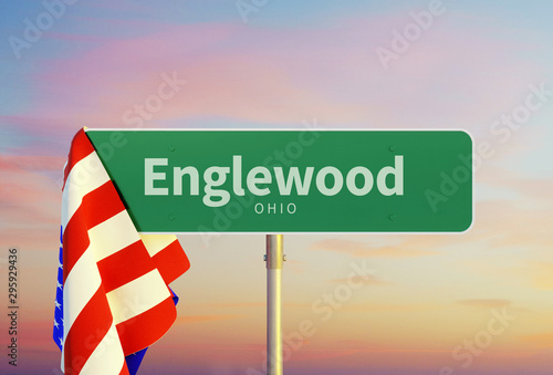 Englewood – Ohio. Road or Town Sign. Flag of the united states. Sunset oder Sunrise Sky. 3d rendering photo