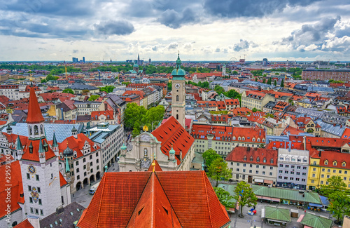 An aerial view of Munich, Bavaria, Germany on a cloudy day.