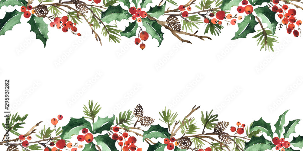 Christmas watercolor horizontal arranging with holly berries, spruce and pine cones - obrazy, fototapety, plakaty 