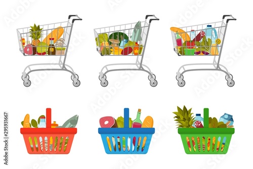 Set of grocery food baskets and shopping carts with different goods such as fruits and vegetables, meat and fish, milk and bread