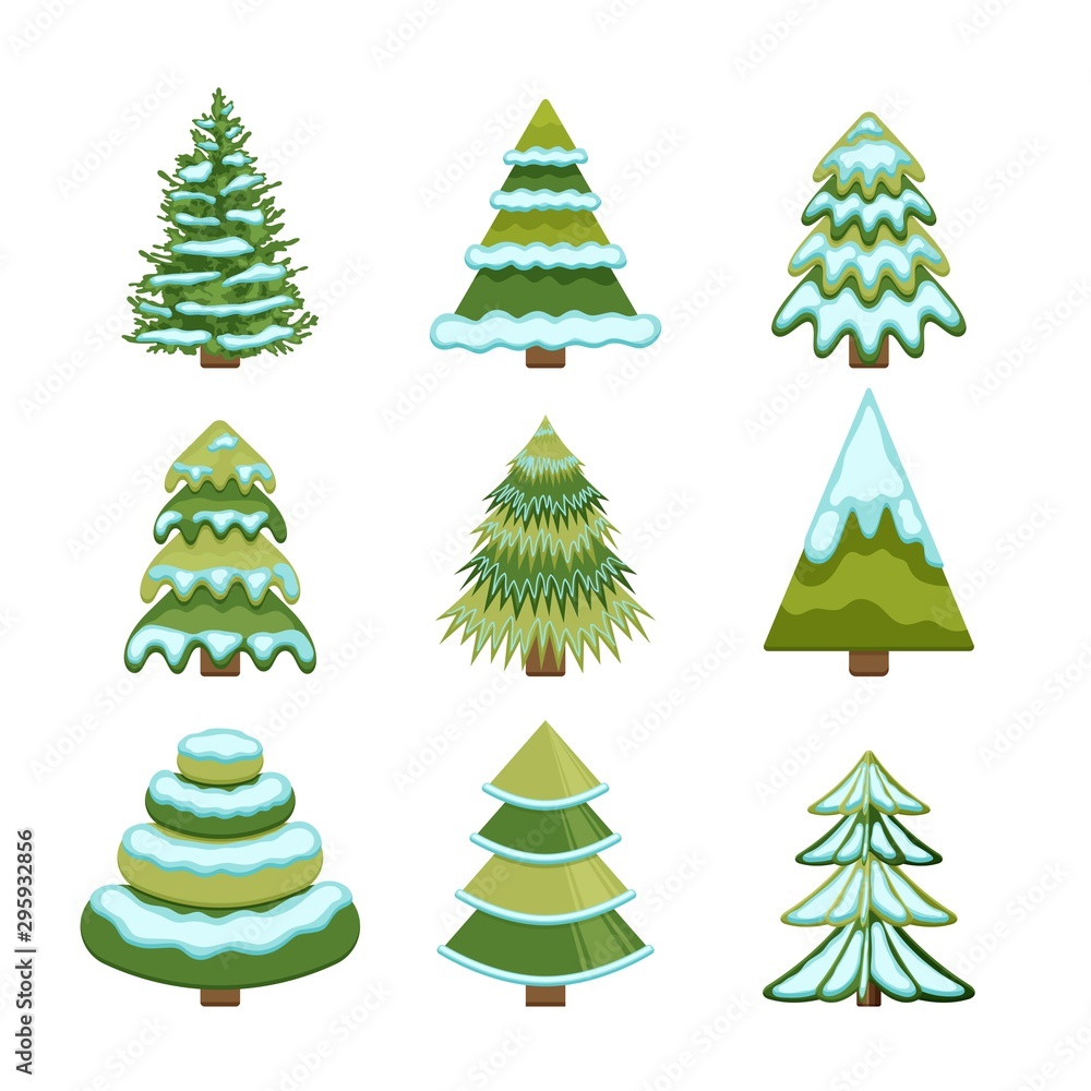 Set of Christmas trees. Winter firs and pines in snow in different styles
