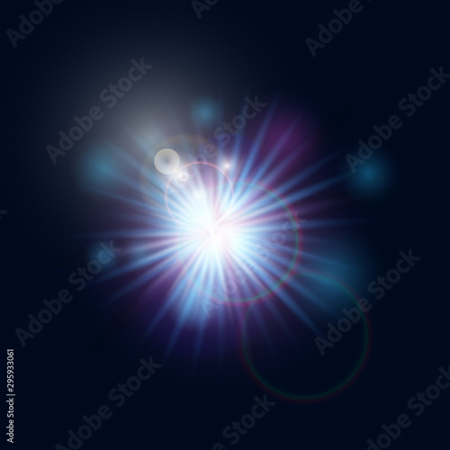 Flash burst of star light with blur and lens flare effect. Shining sun glow. Sparkling light of sun rays on transparent background