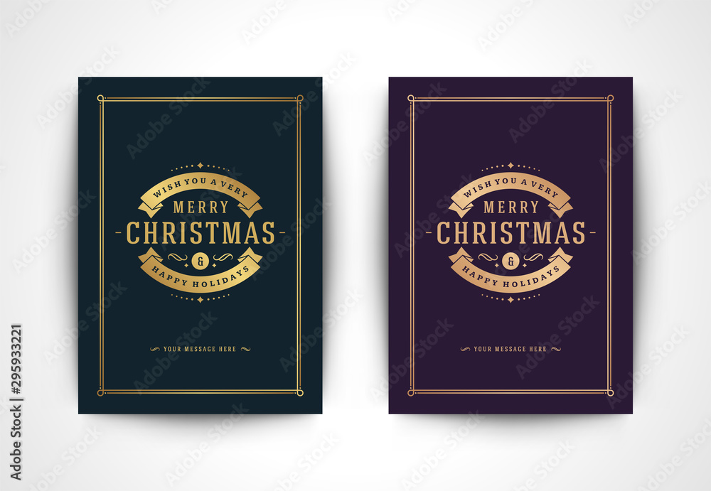 Christmas greeting card and ornate typographic winter holidays text vector illustration.