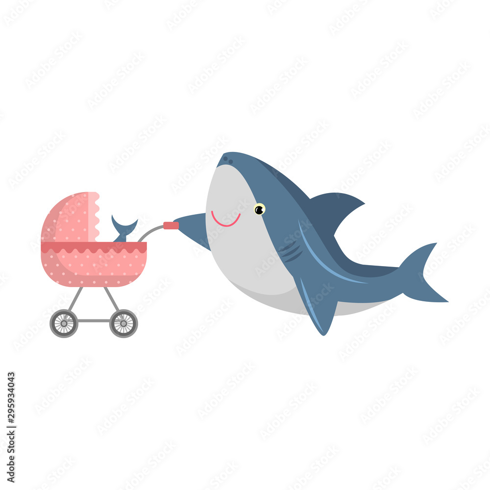 Cute shark with a baby shark in a pram. Vector illustration isolated on white background. Stock Vector Adobe Stock